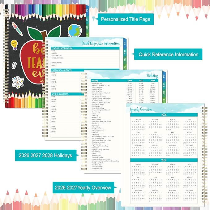 Teacher Planner 2026-2027 for Teacher School - Academic Year Weekly & Monthly Lesson Plan Book, Grade Tracker, Schedule, Spiral Bound, Colorful Tabs, Inner Pocket - Multicolor 8.5 x 11 inch