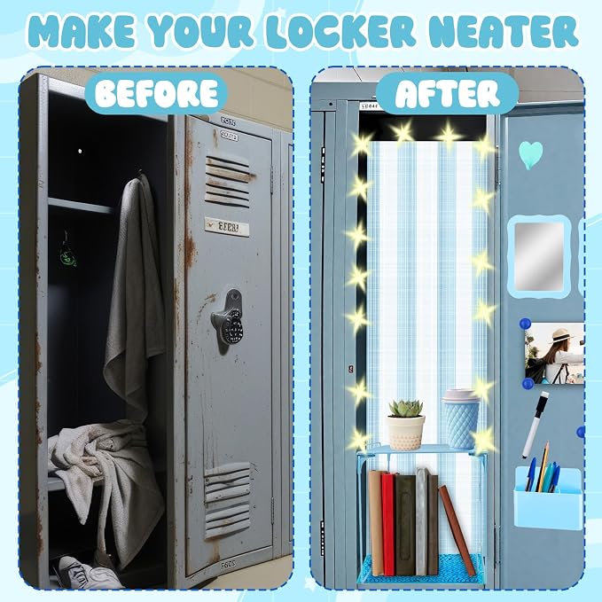 16 Pcs Locker Accessories Kit Blue Locker Organizer Decorations Include Striped Wallpaper String Light Magnetic Whiteboard Mirror Storage Cup Marker Rug Organizing Shelf for Back to School Supply