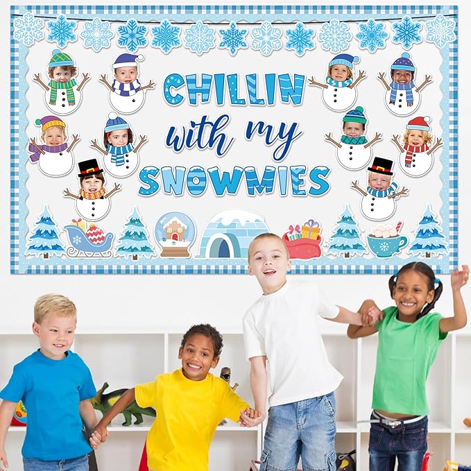 Winter Bulletin Board Decoration Set Christmas Snowman Classroom Decoration Chillin with My Snowmies DIY Photo Bulletin Board Tree Snowflake Cutouts for Holiday Party School Home Chalkboard Wall Decor