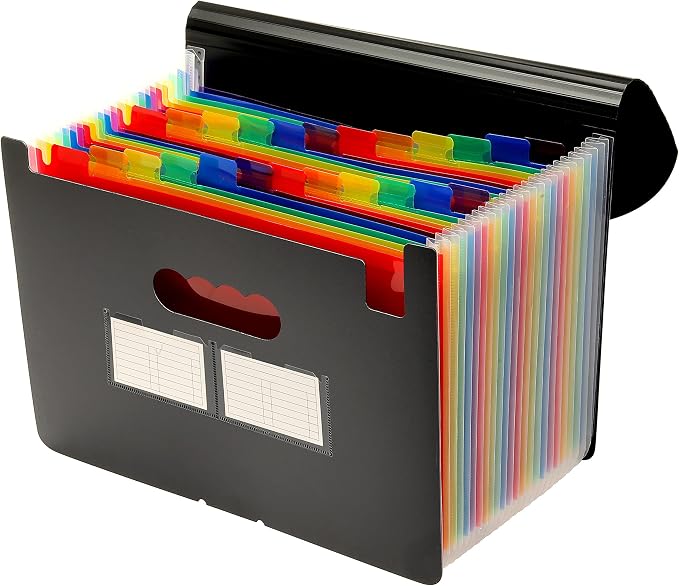 Mukawa 24 Pocket Expanding File Folder, Expandable Accordion File Organizer, Letter/A4 Paper Document Filling Organizer,Colored Tabs,Black