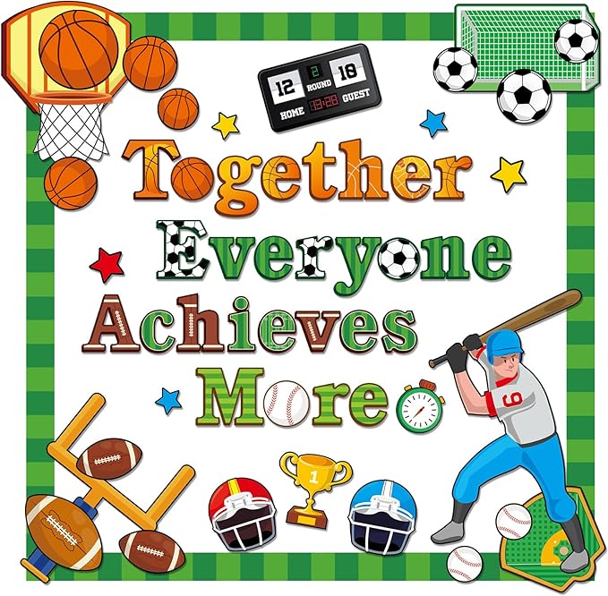 Sport Team Spirit Bulletin Board Decoration Set Football Basketball Bulletin Board Together Everyone Achieves More Paper Cutouts Motivational Wall Decor for School Classroom Back to School Decoration