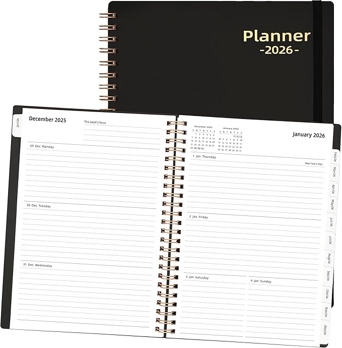 2026 Daily Planner, Jan.2026-Dec.2026, 6.2" x 8.4", 2026 Planner Weekly and Monthly, Calendar Planner 2026 with Tabs & Pocket, 100GSM Thick Paper, Black