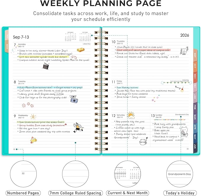 RETTACY Academic Planner 2026-2027, Weekly and Monthly, July 2026 - June 2027, Large Size (8.5" x 11"), Calendar, Agenda, 12-Month Tabs, for Student, Teacher, School (Tiffani Blue)