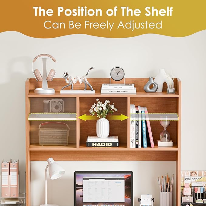 Nova Microdermabrasion Wooden Desktop Bookshelf with 6 Shelves–3-Tier Desk Organizer Hutch for Computer Desk, Home or Office (Natural)