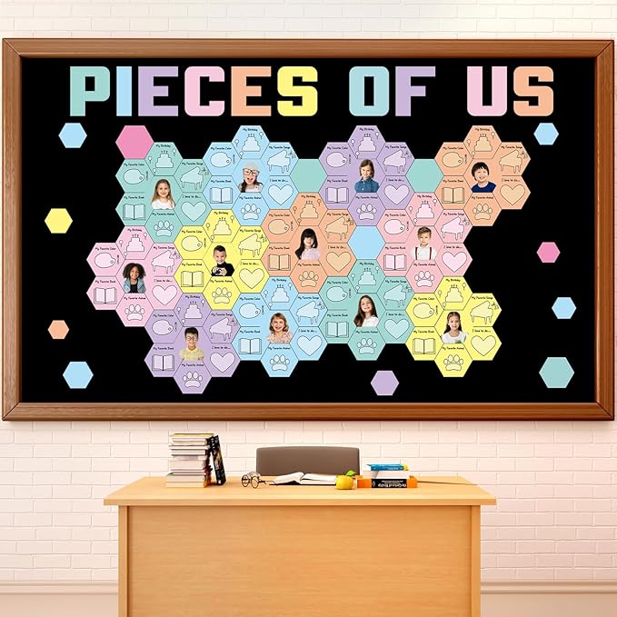 QOUBAI Hexagon Pieces Bulletin Board Set Pieces of Us Classroom Bulletin Board Decorations All About Me Cutouts Classroom Decorations for Back to School Office Home Chalkboard Decor Wall Door