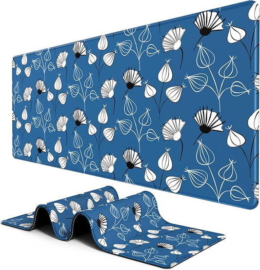 BOSOBO Large Mouse Pad, Desk Pad, XXL XL Extended Gaming Mouse Pad, Desk Mat for Office & Home, Long Keyboard Mat, Huge Mouse Pad, Desktop Full Cover 31.5 x 11.8 Inches, Minimalist Blue White Flowers