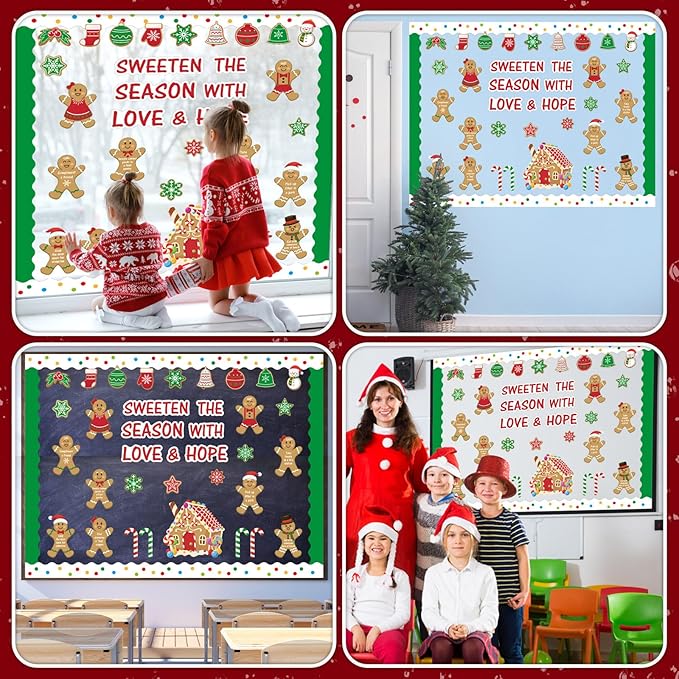 Christmas Gingerbread Bulletin Board Set Holiday Inspirational Classroom Decorations Sweet Gingerbread House Candy Cane Cutouts for Office Home Wall Door Xmas Display