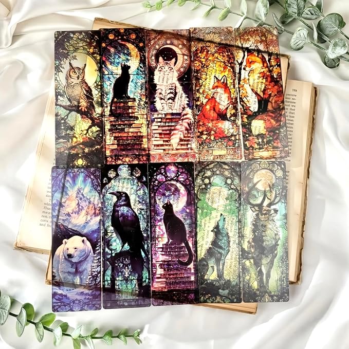 Cute Animals Bookmark Gifts - 10 Pcs Fantasy Cats Stained Glass Bookmarks for Women Book Lovers Pretty Cool Page Marks Bookish Birthday Graduation Gift School Office Reading Accessories