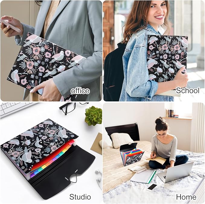 Uquelic 13-Pocket Expanding File Folder, Accordion File Holder with Elastic Buckles Closure – Holds Letter/A4 Size Documents, Floral Printed Accordion Folder, School Office Supplies(Bird Print)