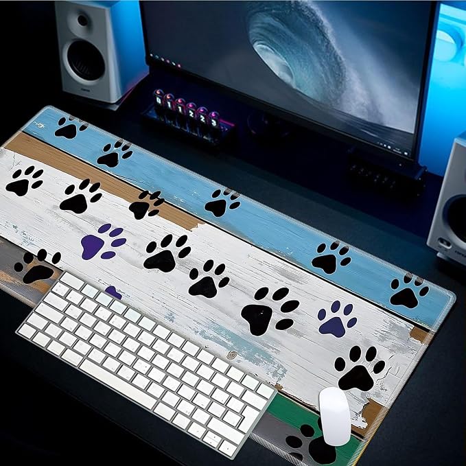 Mouse Pad Gaming Mousepad 31.5x11.8 Inch XXL Large + Coasters,Desk Mat with Stitched Edges, Non-Slip Rubber Base, Thick Mouse Pad for Computer, Laptop, Office & Home - Wooden Plank Cat Paw Print