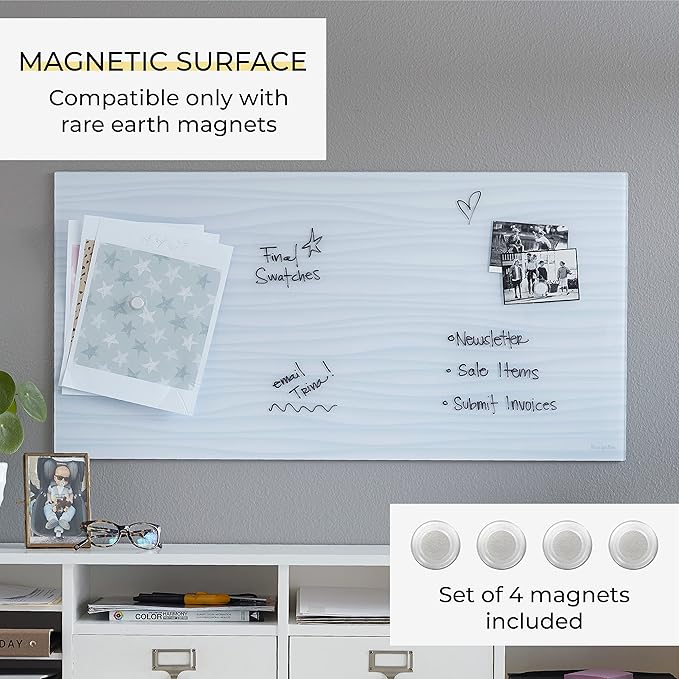 ECR4Kids MessageStor Dry-Erase Glass Board and Magnets, Office Essentials, White Waves