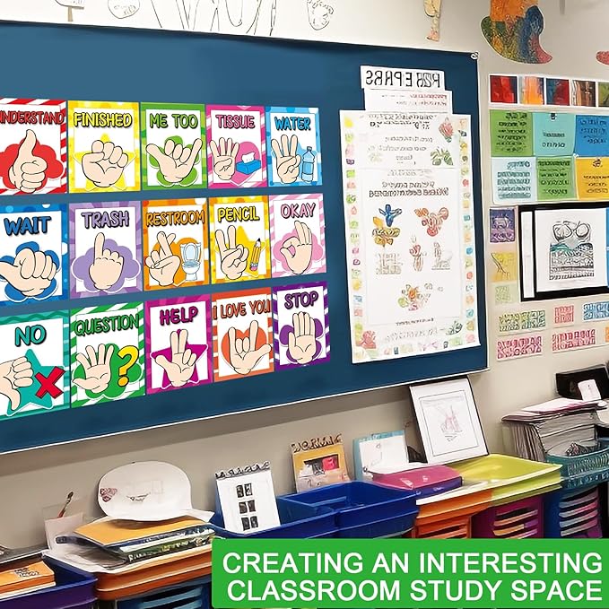 MotiMind 15 Pcs Classroom Hand Signal Cards Signal with Adhesive Tapes Decor Classroom Learning Bulletin Board Hand Signals Language Posters for Teachers Students Visual Cues(Rainbow)
