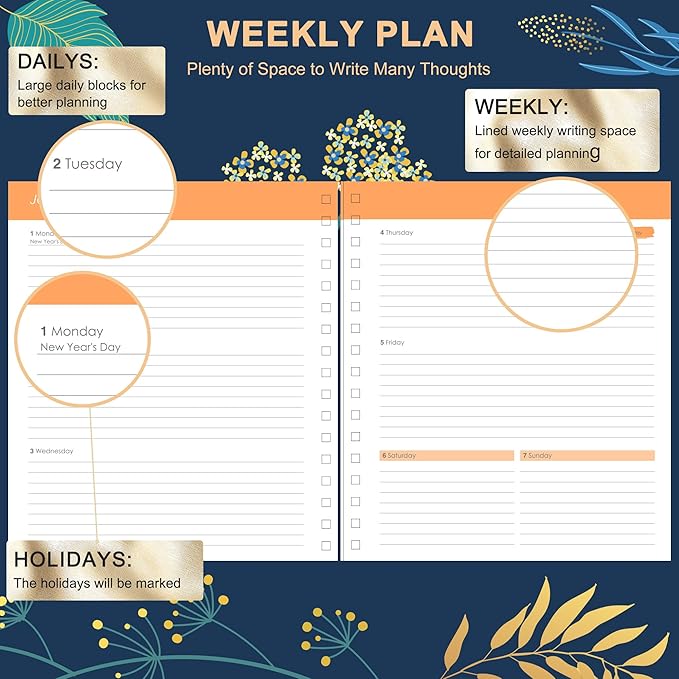 CAGIE 2026 Planner Weekly and Monthly, Jan-Dec 2026 8.3 x 9.3 Inch Hardcover Spiral Bound, 13 Tabs and Pocket, Floral Daily Planner for Women, Perfect 2026 Yearly Calendar Planner