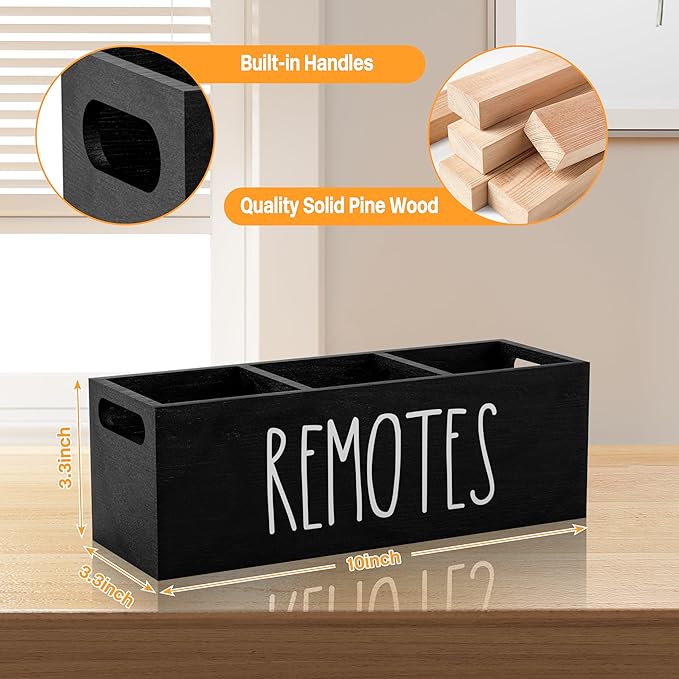 Remote Holder for Table, 3 Slots Wooden TV Remote Control Holder, Bedside Remote Control Storage Organizer - 10" x 3.3" x 3.3" Black