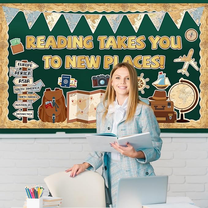 Travel The Map Reading Class Bulletin Board Set Adventure Classroom Decoration Back to School Reading Takes You to New Places Paper Cutouts for School Nursery Chalkboard Wall Door Decor Party Supplies