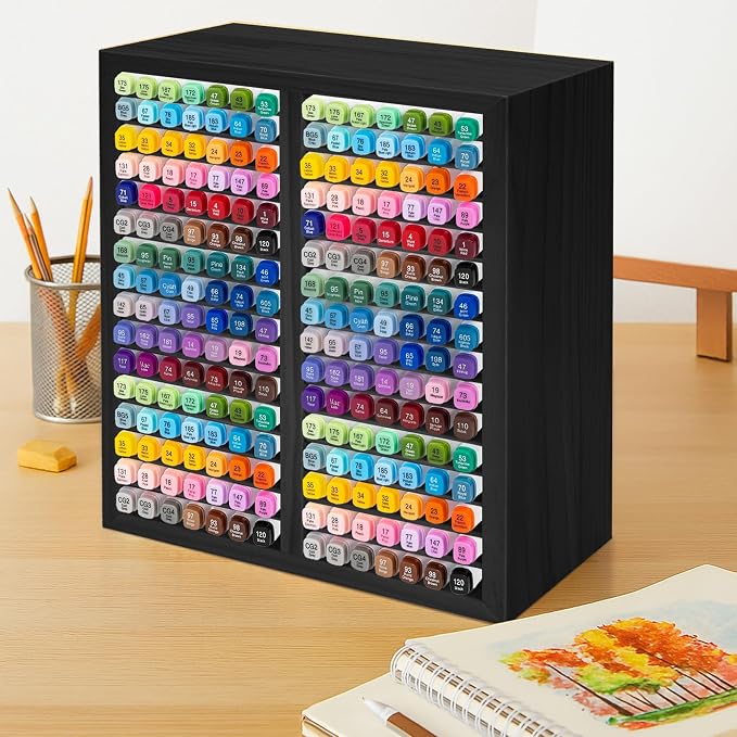 PROLEE Marker Organizer for 224 Markers,Wooden Marker Holder with 32 Slots, Pens Pencils Art Supply Alcohol Markers Storage Organizer for Desk Home Classroom Office Decor(Black,15“x11”x5.2 “)