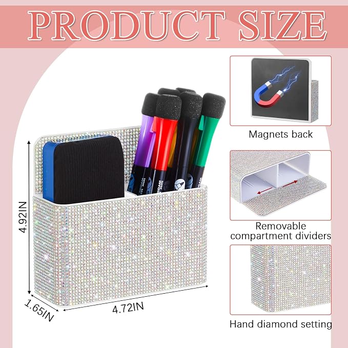 MotiMind AB Color Locker Accessories for Girls, Bling Magnetic Pen Holder for Refrigerator, Back to School Rhinestone Marker Holder for Locker, Sparkly Gift for Student (Medium,Rhinestone)