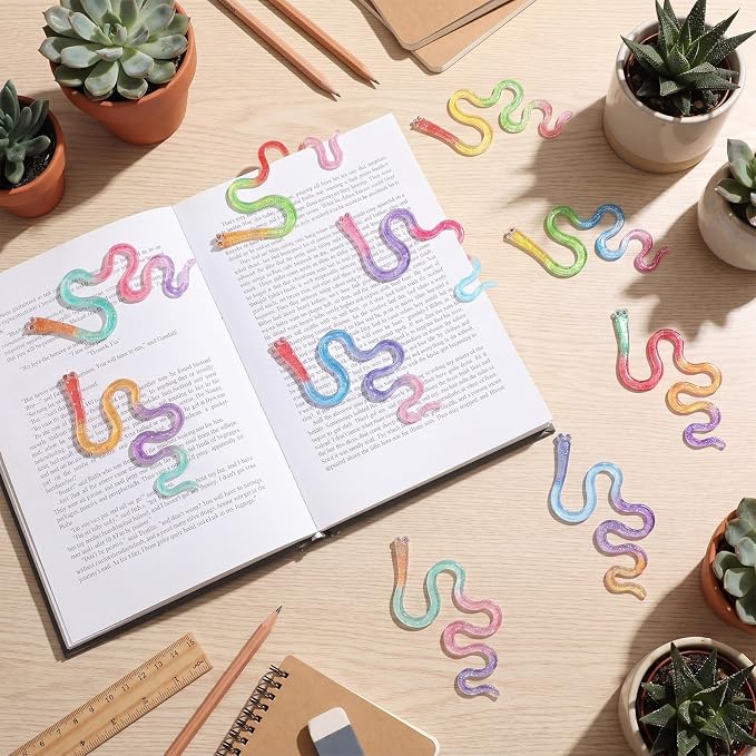 Resurhang 20 Pcs Worm Acrylic Bookmark 10 Design Cute Paperclip Glitter Gummy Worm Funny Bookmark Gift Idea for Reading Book Lover Teacher Student School Classroom Office Library Read Supply (Novelty)