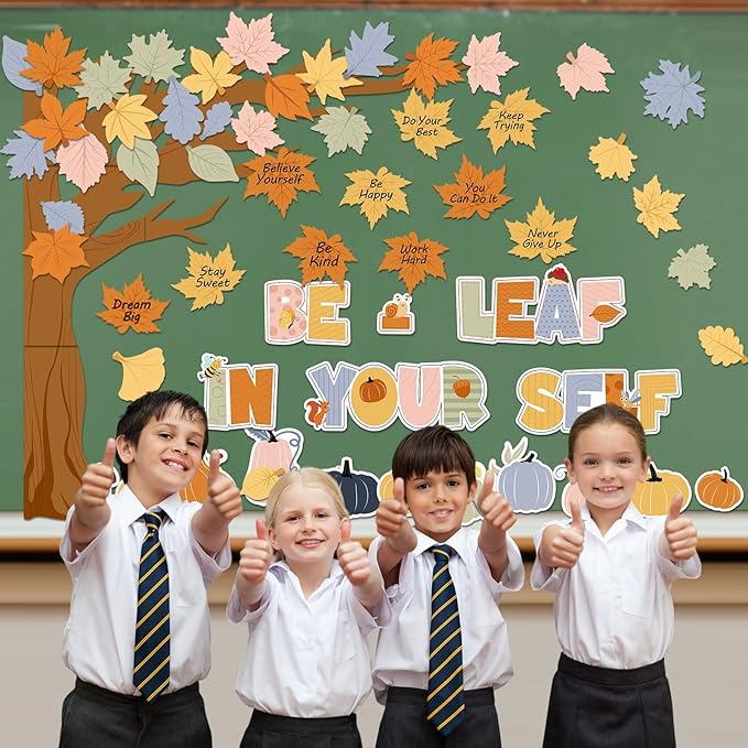 Funrous Fall Bulletin Board Decorations Classroom Fall Tree Maple Leaves Pumpkin Bulletin Board Set Be Leaf in Yourself Inspirational Quote Cutout Autumn Thanksgiving School Wall Decor(Pumpkin)
