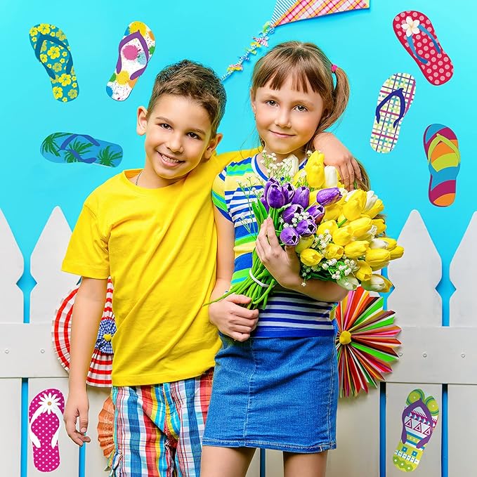 Tenare 60 Pieces Flip-Flop Accents Colorful Flip-Flop Cutouts Summer Bulletin Board Wall Decor Hawaiian Party Cutouts with Glue Point Dots for Classroom Party Decor
