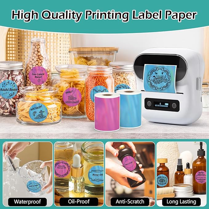 2 Rolls Holographic Thermal Labels 1.96" Pink& Blue Circle Custom Sticker for Phomemo M110/M220/M120/M200 Label Maker Printer Waterproof Address Label Paper for DIY,Logo,Price,Barcode
