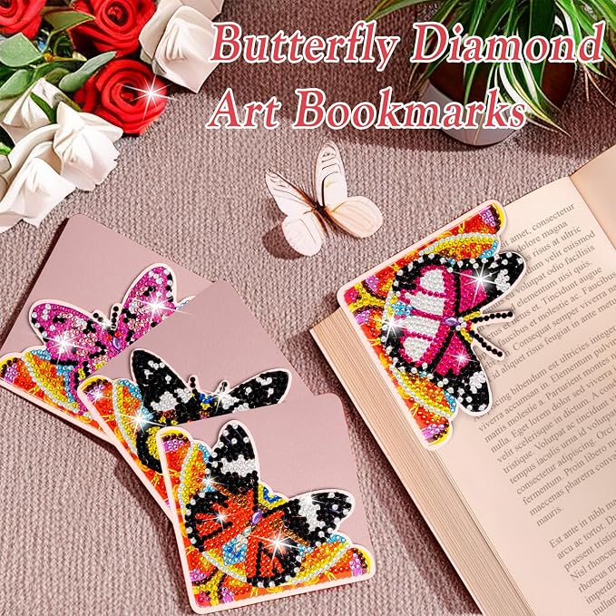 WIVICO 4 pcs Diamond Painting Bookmarks, DIY Diamond Art Kits for Adults, Book Corner - Protecting Bookmark Craft Supplies Kits for Book Lovers(Pink Butterfly)