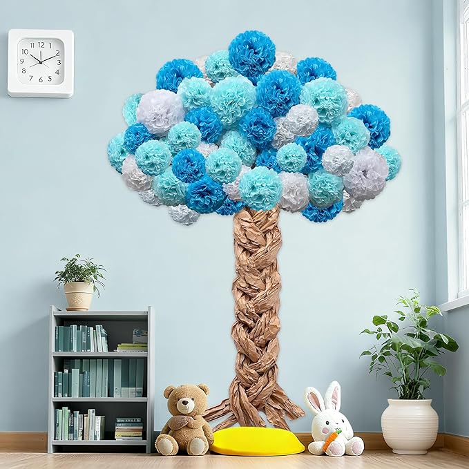 Classroom Tree Bulletin Board Set DIY 3D Cardboard Tree with Paper Pom Poms Kraft Craft Welcome Classroom Bulletin Board for Back to School Nursery Elementary Teacher Chalkboard Wall Decor (Blue)