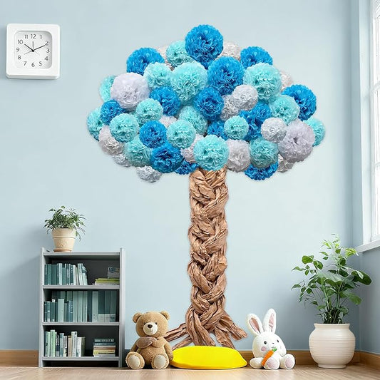 Classroom Tree Bulletin Board Set DIY 3D Cardboard Tree with Paper Pom Poms Kraft Craft Welcome Classroom Bulletin Board for Back to School Nursery Elementary Teacher Chalkboard Wall Decor (Blue)
