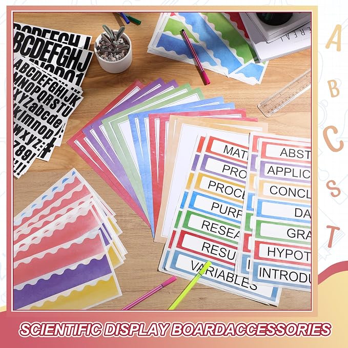 Sinload 92 Pcs Science Fair Board Supplies 60 Trim Scalloped Poster Boards 18 Presentation Subtitles 6 Project Titles 8 Letter Sticker for Classroom Display Boards(Pastel,Wave)