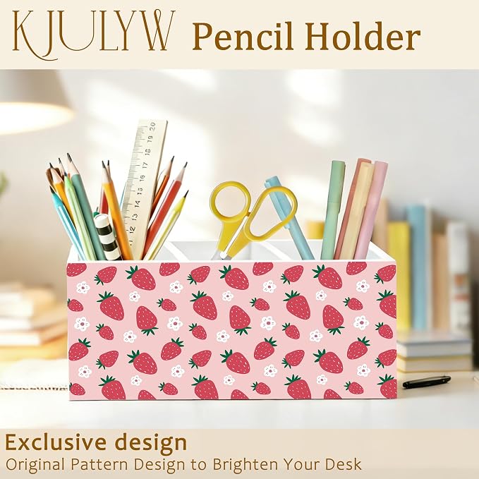 Pink Strawberry Pen Holder for Desk, Strawberry Gifts, Girly Aesthetic Strawberries Flower Wooden Box Pencil Pen Holder Organizer for Home Office Desk Accessories
