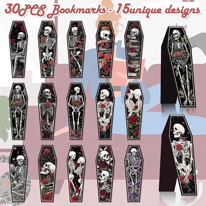 Wxiben Skeleton Coffin Magnetic Bookmark - 30 Pcs Gothic Skull Bookmarks for Book Lovers Skull Horror Book Marks Halloween Magnet Page Marker Clip Gifts for Women Men Students Teacher Reading Bookish