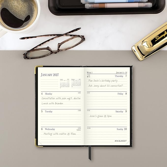 AT-A-GLANCE 2027 Planner, Weekly & Monthly, 3" x 5", Pocket Size Fine Diary, Faux Leather Hardcover, Black (7011110527)