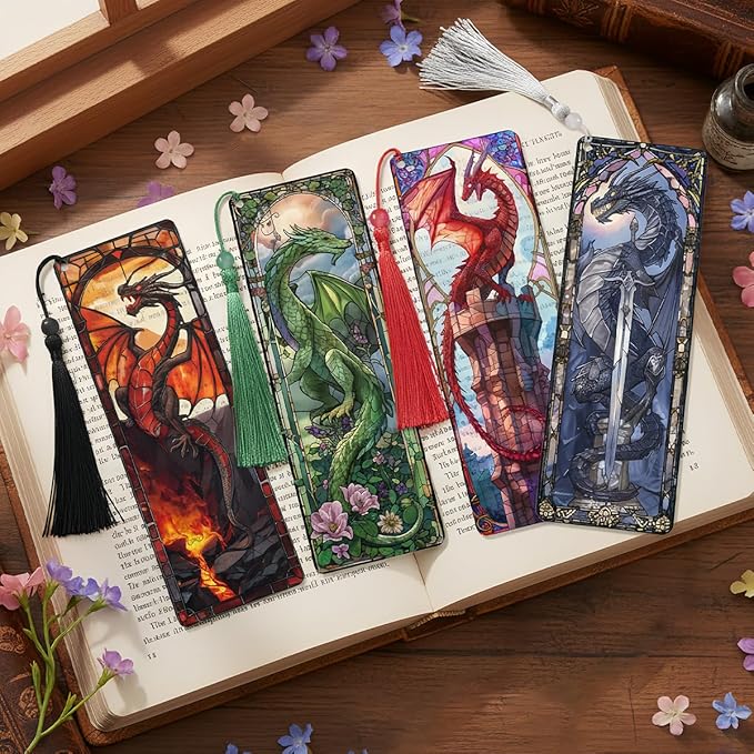 4 Pcs Stained Glass Dragon Bookmarks Gifts for Women Men, Transparent PVC Bookmark with Tassels, Cool Book Lovers Accessories, Unique Reading Book Marks for Bookish Office School