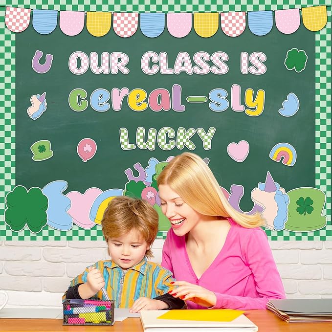 JarThenaAMCS St. Patrick' s Day Bulletin Board Decoration Lucky Charms Classroom Decoration Set Shamrock Clover Unicorn Paper Cutouts for School Classroom Chalkboard Wall Decor Irish Party Supplies