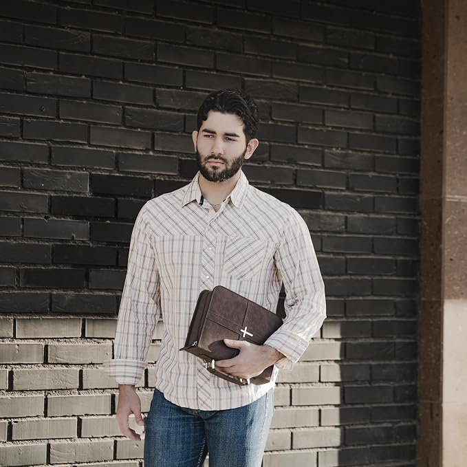 Bible Cover (U.S. Patent Pending), Discreet & Elegant Bible Case, Brown PU Leather Bible Cover, Cross Design Bible Bags, Strong and Sturdy Book Case, Includes Premium Bookmark