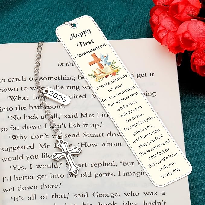 First Communion Gifts for Girls Boys 1st Communion Gifts for Catholic Goddaughter Godson Kids Teens Holy Communion Bookmark with Cross Charm Easter Basket Stuffers Baptism Confirmation Party Favors