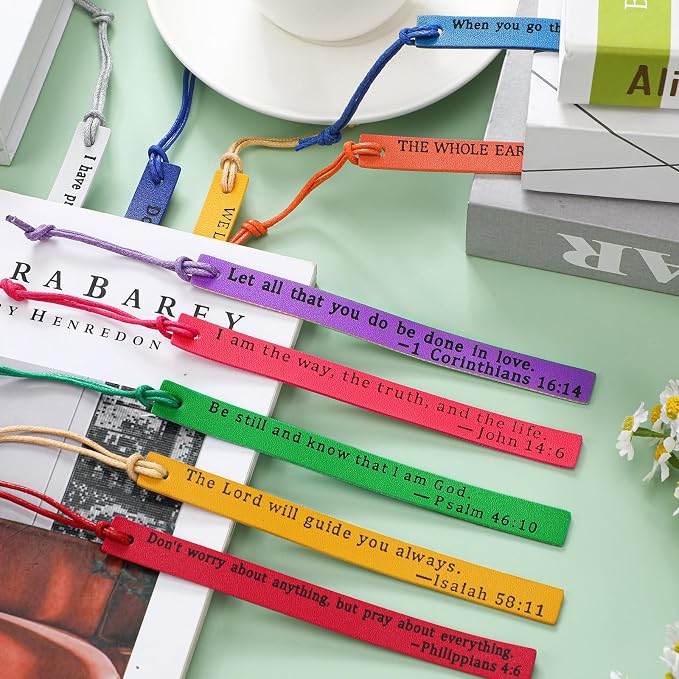 Laumoi 10 Pcs Christian Leather Bookmarks, Handmade Bible Verses Scripture Bookmarks for Women & Men, Religious Christian Gifts for Book Lovers, Church & Book Club Supplies(Elegant, Bright Color)