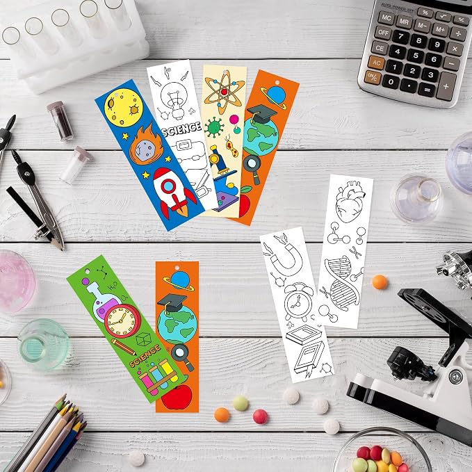72Pcs Science Color Your Own Bookmarks for Kids Funny Chemistry lab Astronaut DIY Coloring Blank Book Marker for Teacher Student Classroom Reading Club Art Craft Supplies Party Reward Goodie Fillers