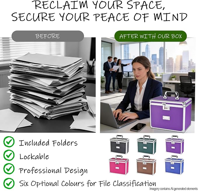 File Storage Cabinet for Letter Size Hanging File Folders, Suspension File Holder, Document Organizer Filing Lockbox in Office and Home with Combination Lock and 10-pack Hanging Files (Purple, Letter)