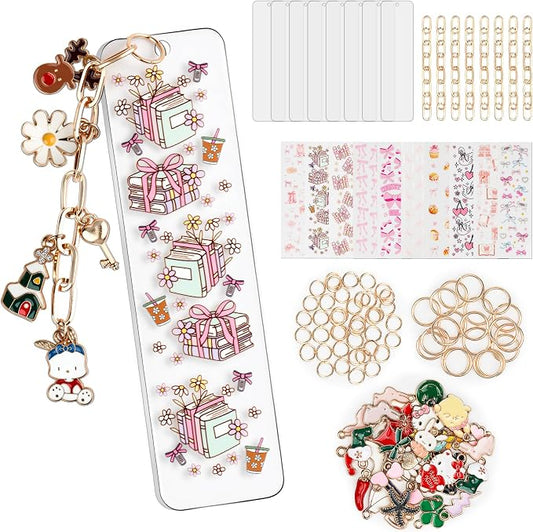 106 Pcs Bow Acrylic Bookmark Blanks(2mm) Thicken 8 DIY Bookmark Making 10 Bow UV DTF Sticker 20 Charms 8 Extender Chains and 60 Jump Ring Suitable for DIY Crafts Gifts
