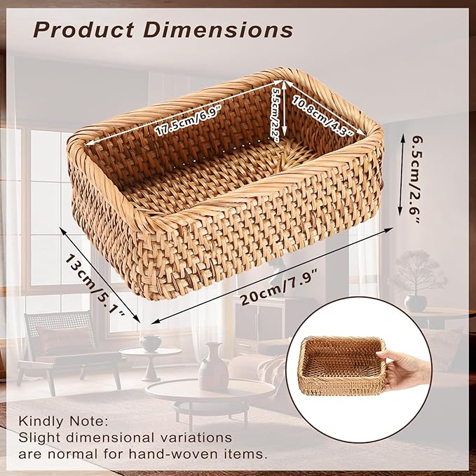 BTSKY Remote Control Basket 7.9" x 5.1", Decorative Small Basket Handwoven Rattan Storage for Jewelry, Cosmetics, Wicker Organizer Rattan Holder for Living Room Coffee Table Entryway Bedroom Vanity