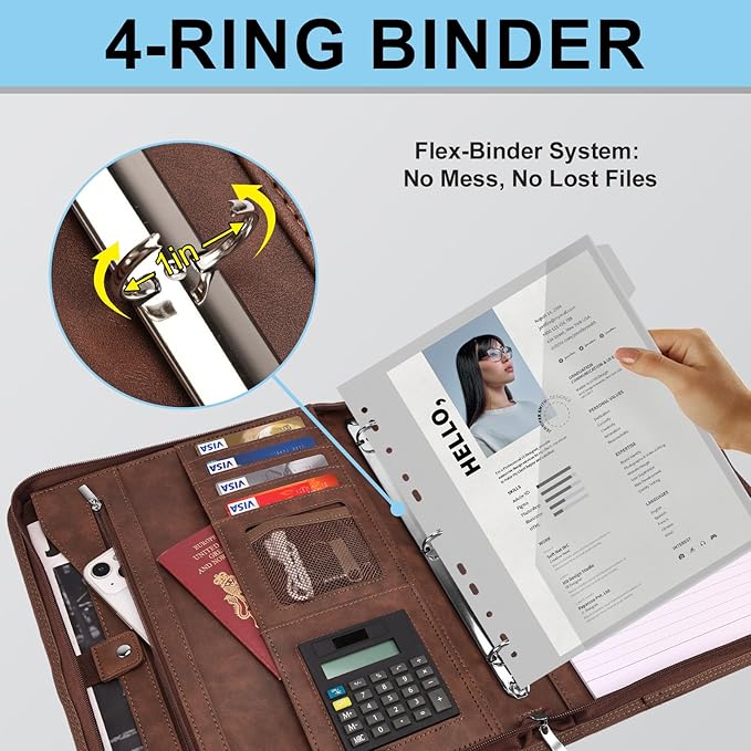 Eshow Portfolio Organizer - 3 Ring Binder with Zipper, Vegan Leather Business Padfolio Folder with Notepad Includes 5 Clear Sheet Protectors for Documents Files for Men Women