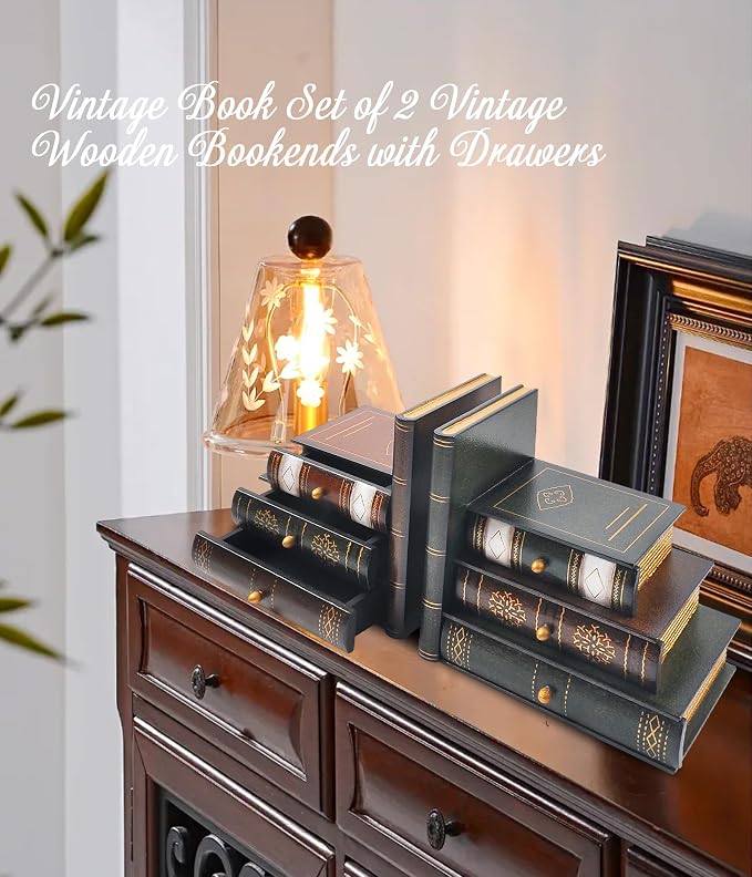 Vintage Wooden Bookends with Drawers – Decorative False Book Shelf Organizer for Home, Office, or Library (311)