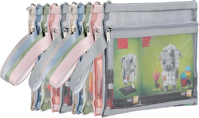10 Pack Colored Mesh Zipper Pouch Bags, Double-Layer Nylon Building Block Sets Toy Storage & Organization, Breathable See Through A5 Zipper Pouch with Handle for Activity Games