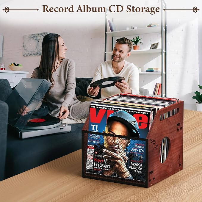Vinyl Record Storage Crate with Handle, Wood and Metal Mesh Record Holder Holds 60 LPs, Easy Assembly Vinyl Storage Box for Home Office Record Store