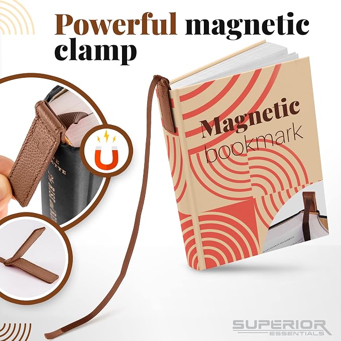Superior Essentials Magnetic Bookmark-Genuine Leather, Single Long Ribbon Bible Bookmark for Book Lovers-Amplify Your Love for Books with Our Elegant Ribbon Page Marker (Coffee Brown, 3PC)