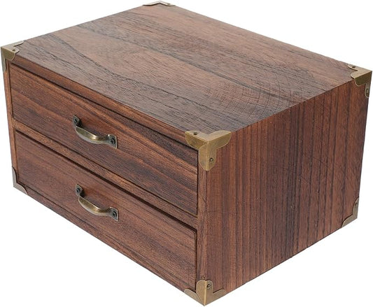 Alipis 2 Drawer Wooden Desktop Organizer - Vintage Style Storage Cabinet for Office Supplies Jewelry and Cosmetics Compact 9.44X7.08X5.11 Inch