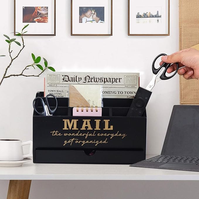 EXQUIDECA Wooden Black Rustic Countertop Mail Storage Holder with Drawer and Compartments - Office Desk Accessories and Workspace Organizers - Desktop Sorter for Pen Stationery Letter Files Documents