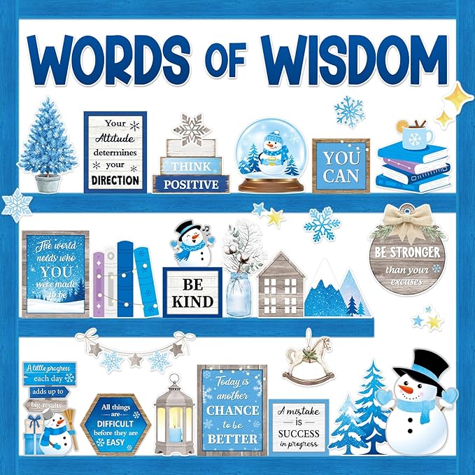 Mooliwe 57 Pcs Winter Bulletin Board Set Inspirational Snowflake Bulletin Board Decoration Positive Cutout Classroom Decoration for School Office Home Teacher Classroom Wall Supplies