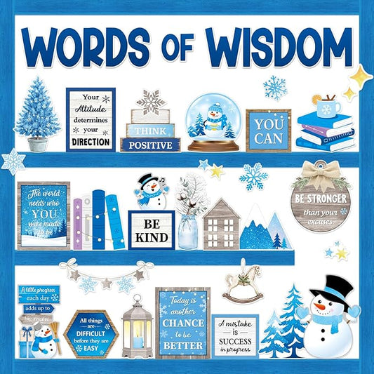 Mooliwe 57 Pcs Winter Bulletin Board Set Inspirational Snowflake Bulletin Board Decoration Positive Cutout Classroom Decoration for School Office Home Teacher Classroom Wall Supplies